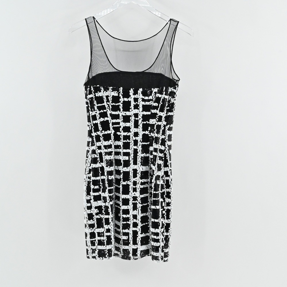 Aidan Mattox‎ Sequin Mini Dress Womens Size 2 Black White Sheath Sleeveless Mesh - Picture 3 of 15